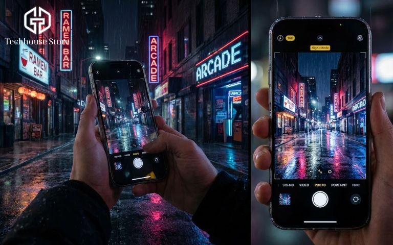 iPhone nào chụp ảnh đẹp nhất 2026? Những lựa chọn "đáng tiền" nhất tại Tech House Store So sánh ảnh chụp đêm giữa các dòng iPhone tại Tech House Store, thể hiện độ sáng và chi tiết vùng tối.