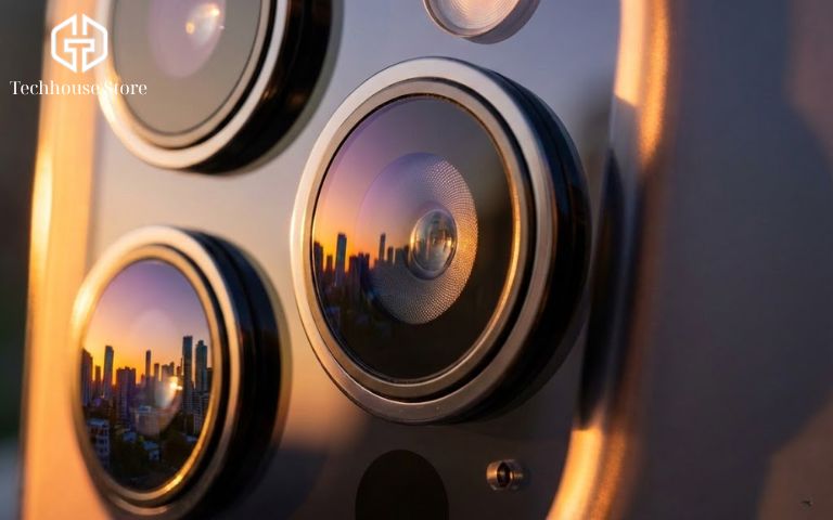 iPhone nào chụp ảnh đẹp nhất 2026? Những lựa chọn "đáng tiền" nhất tại Tech House Store Cận cảnh ống kính camera iPhone 48MP với lớp phủ thấu kính cao cấp.