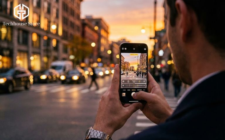 Top 15+ App Chụp Ảnh Đẹp Trên iPhone Miễn Phí 2026 Người dùng đang chụp ảnh đường phố nghệ thuật bằng iPhone 16 Pro Max với giao diện camera chuyên nghiệp.