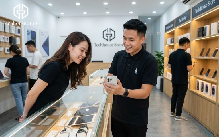 Top 15+ App Chụp Ảnh Đẹp Trên iPhone Miễn Phí 2026 Nhân viên Tech House Store đang tư vấn tính năng camera iPhone cho khách hàng trong không gian cửa hàng hiện đại.