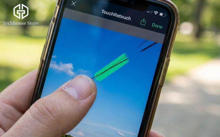 Top 15+ App Chụp Ảnh Đẹp Trên iPhone Miễn Phí 2026 Minh họa ngón tay đang xóa đường dây điện rối mắt khỏi bức ảnh bầu trời xanh trên màn hình iPhone bằng TouchRetouch