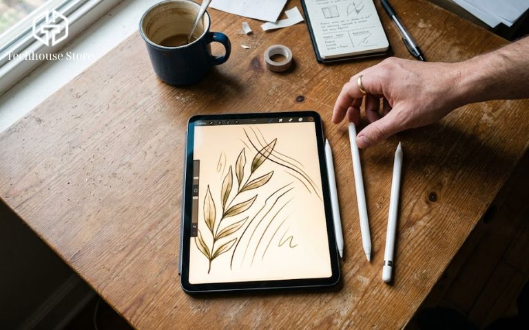 Apple Pencil dùng được cho iPad nào? Hướng dẫn chọn bút chuẩn từ Tech House Store Bàn làm việc thực tế với nhiều đời Apple Pencil và iPad, giúp người dùng xác định Apple Pencil dùng được cho iPad nào.