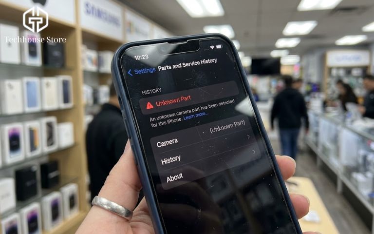 Có nên mua iPhone 99 không? Bóc trần rủi ro & Cách chọn máy zin cực chuẩn Cận cảnh màn hình cài đặt iPhone hiển thị dòng chữ cảnh báo Linh kiện không xác định (Unknown Part).