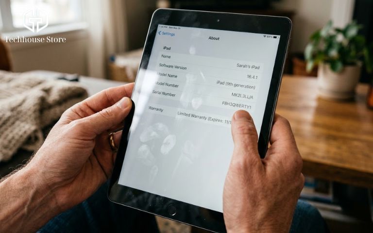 Apple Pencil dùng được cho iPad nào? Hướng dẫn chọn bút chuẩn từ Tech House Store Cận cảnh màn hình iPad hiển thị mục Cài đặt chung với số kiểu máy bắt đầu bằng chữ A.