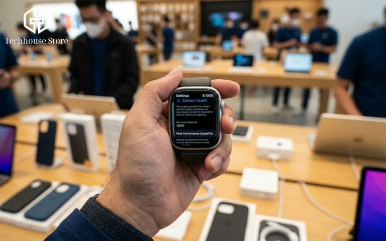 Có nên mua Apple Watch cũ không? Series 1, Series 3 còn đáng tiền không? Màn hình hiển thị phần trăm tình trạng pin tối đa của Apple Watch để người mua kiểm tra độ chai pin.