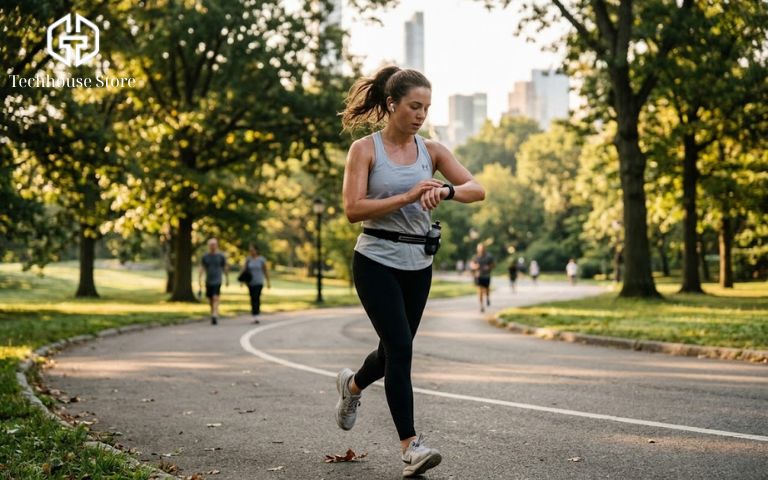 Người chạy bộ đang đeo tai nghe AirPods và kiểm tra thông số trên màn hình Apple Watch một cách tiện lợi.