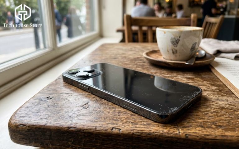 Cận cảnh một chiếc iPhone 99% đặt trên bàn, ngoại hình còn rất mới giúp tiết kiệm chi phí nhưng cần kiểm tra kỹ.