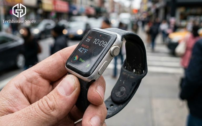 Có nên mua Apple Watch cũ không? Series 1, Series 3 còn đáng tiền không? Cận cảnh một chiếc Apple Watch Series 3 cũ với các vết xước nhẹ trên viền nhôm sau nhiều năm sử dụng.