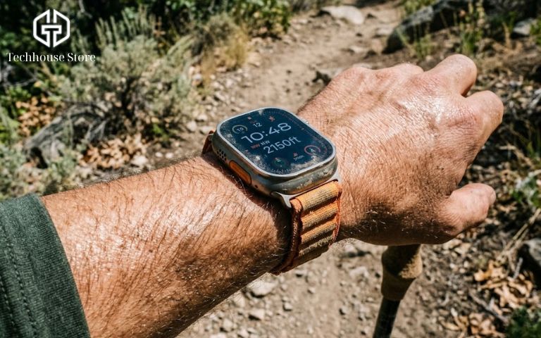 Chạy bộ với Apple Watch: cách dùng dễ hiểu cho người mới, từ setup đến chọn máy Cận cảnh đồng hồ Apple Watch Ultra 3 với thiết kế khung titanium bền bỉ trên tay người chạy bộ địa hình.