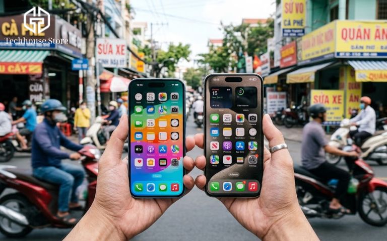 Nên mua iPhone cũ hay mới? Cách chọn đáng tiền nhất theo ngân sách và nhu cầu Người dùng đang cầm hai chiếc iPhone trên tay để so sánh ngoại hình và chất lượng màn hình dưới ánh sáng tự nhiên.