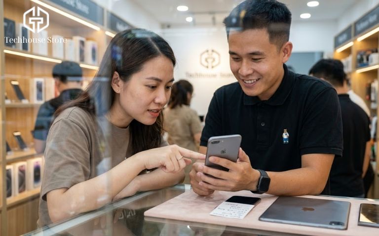 Có nên mua iPhone 99 không? Bóc trần rủi ro & Cách chọn máy zin cực chuẩn Một khách hàng đang ngồi tại cửa hàng điện thoại uy tín để tự tay kiểm tra chiếc iPhone cũ trước khi thanh toán.