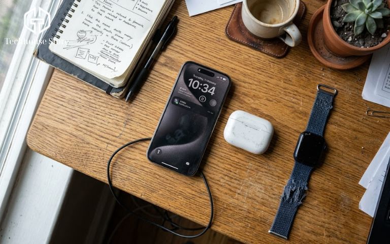 Nên mua iPhone cũ hay mới? Cách chọn đáng tiền nhất theo ngân sách và nhu cầu Hệ sinh thái Apple nguyên bản gồm iPhone, đồng hồ Apple Watch và tai nghe AirPods đặt trên bàn làm việc thực tế.