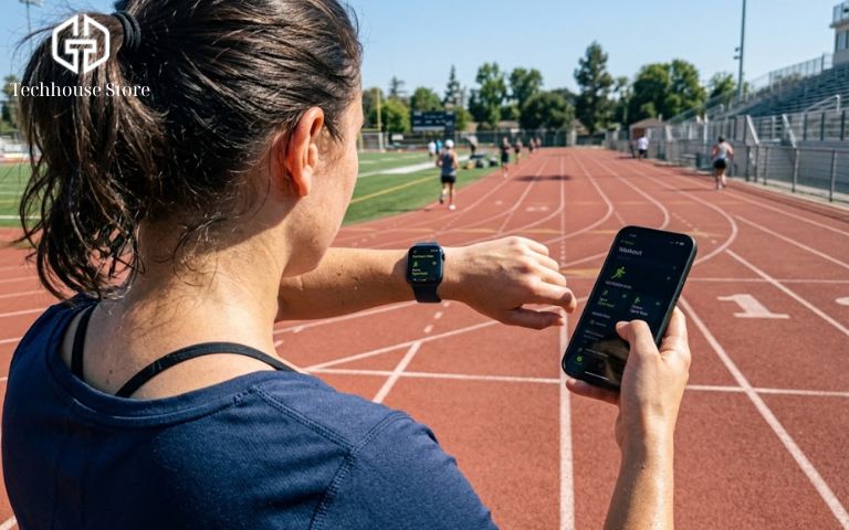 Chạy bộ với Apple Watch: cách dùng dễ hiểu cho người mới, từ setup đến chọn máy Nam runner đang cầm iPhone để thiết lập và đồng bộ dữ liệu với Apple Watch trước buổi tập.