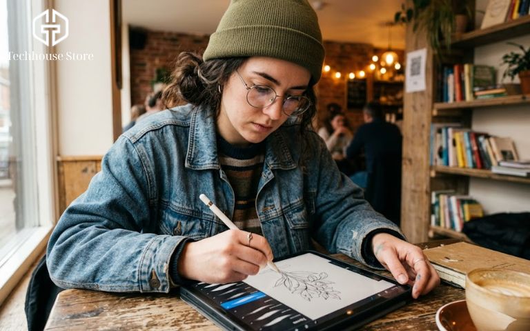 Sinh viên ngành thiết kế đồ họa đang sử dụng iPad Air M-series để vẽ phác thảo.