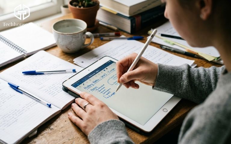 iPad dưới 10 triệu: 4 mẫu đáng mua nhất tại Techhouse & Cách chọn không bị “hớ” Học sinh sử dụng iPad Gen 9 kết hợp Apple Pencil 1 để ghi chú bài học hiệu quả.