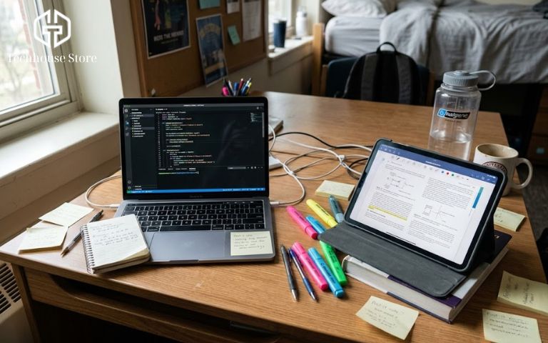 Góc học tập của sinh viên kết hợp giữa laptop để code và iPad làm màn hình phụ tra cứu tài liệu.