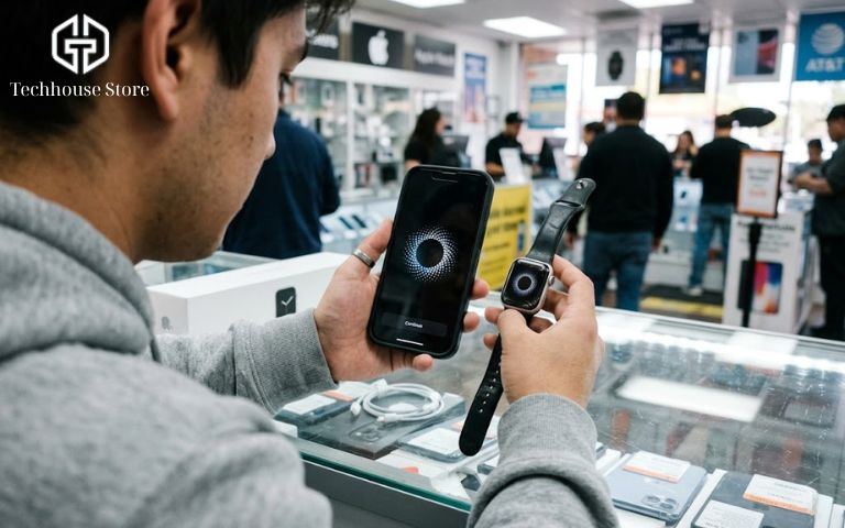 Có nên mua Apple Watch cũ không? Series 1, Series 3 còn đáng tiền không? Khách hàng tự tay ghép đôi Apple Watch cũ với iPhone cá nhân tại cửa hàng để đảm bảo máy không bị dính iCloud.