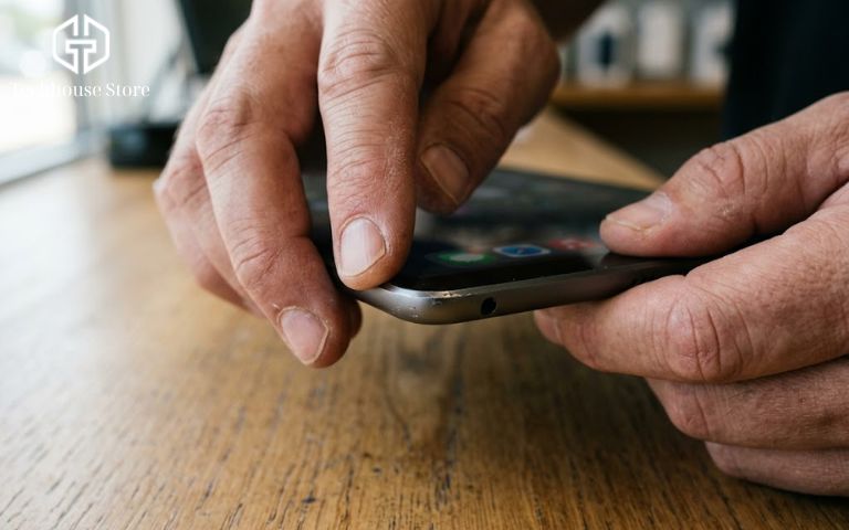 Cận cảnh thao tác kiểm tra kỹ viền và góc máy khi mua iPad 99% để đảm bảo không bị cấn móp.