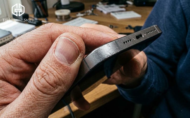 Có nên mua iPhone 99 không? Bóc trần rủi ro & Cách chọn máy zin cực chuẩn Người dùng đang cầm chiếc iPhone trên tay để soi kỹ các vết xước dăm ở viền kim loại.