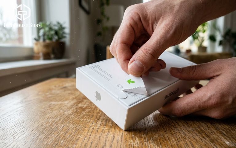 Cận cảnh lớp seal giấy dán niêm phong hộp điện thoại iPhone 13 thân thiện môi trường.