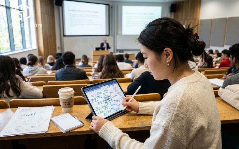 Sinh viên sử dụng iPad kết hợp Apple Pencil để ghi chú bài giảng trên giảng đường.