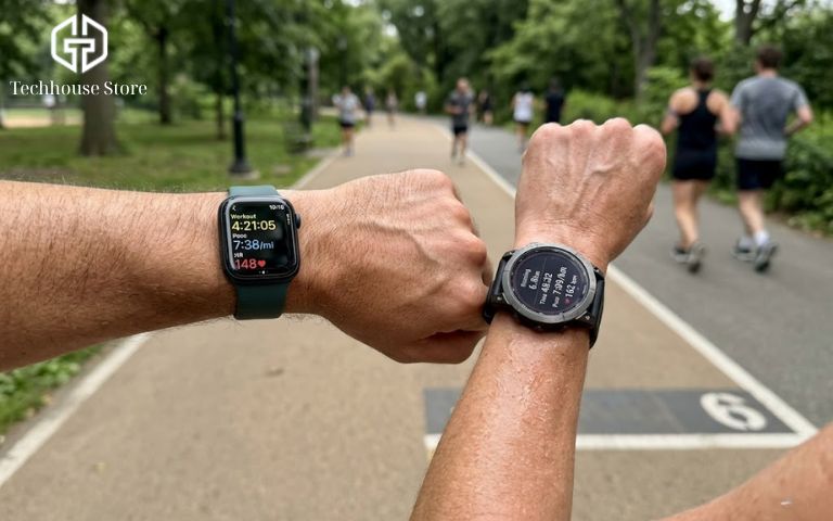 Chạy bộ với Apple Watch: cách dùng dễ hiểu cho người mới, từ setup đến chọn máy So sánh trực quan trên tay một chiếc Apple Watch thanh lịch và một chiếc Garmin chuyên dụng khi đang chạy bộ.