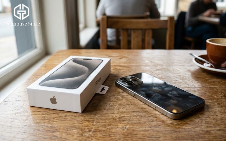 So sánh trực quan giữa hộp iPhone mới nguyên seal và một chiếc iPhone cũ 99% đặt trên bàn làm việc.