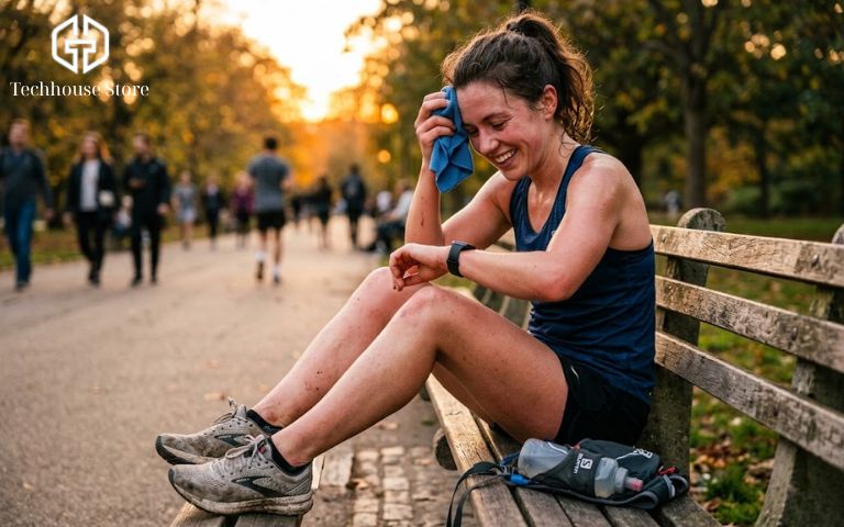 Chạy bộ với Apple Watch: cách dùng dễ hiểu cho người mới, từ setup đến chọn máy Người chạy bộ đang ngồi nghỉ ngơi và kiểm tra thời lượng pin trên Apple Watch sau một bài chạy dài (long run).