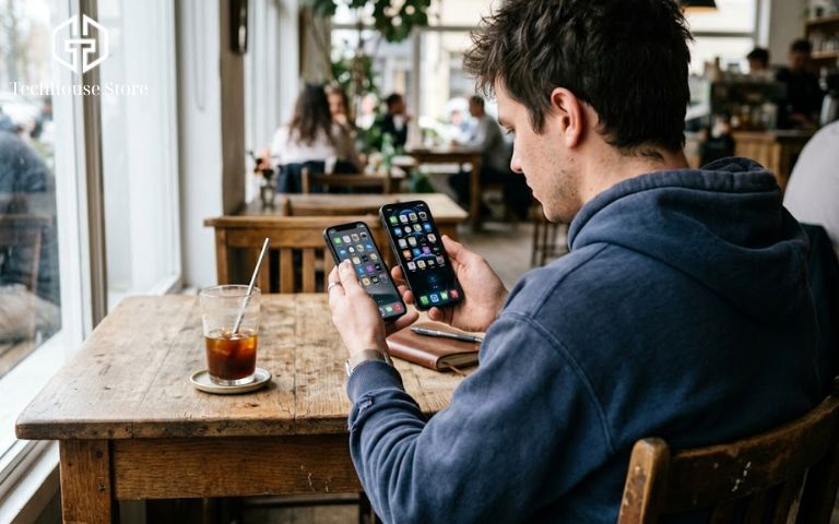 Nam thanh niên đang cầm hai chiếc iPhone khác kích thước trên tay để cân nhắc lựa chọn mua máy cũ trong tầm giá 15 triệu.