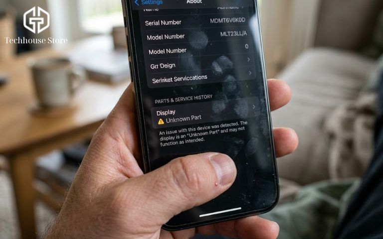 iPhone thay màn có nên mua không? 5 dấu hiệu nhận biết máy còn đáng tiền Cận cảnh tay người cầm iPhone hiển thị mục Cài đặt, trên màn hình xuất hiện dòng cảnh báo Linh kiện không xác định ở phần màn hình.