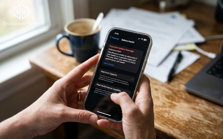 iPhone thay pin báo linh kiện không xác định: có nên mua không, có đáng lo không? Hình ảnh chụp thực tế màn hình cài đặt iPhone trên tay người dùng đang hiển thị thông báo pin linh kiện không xác định.