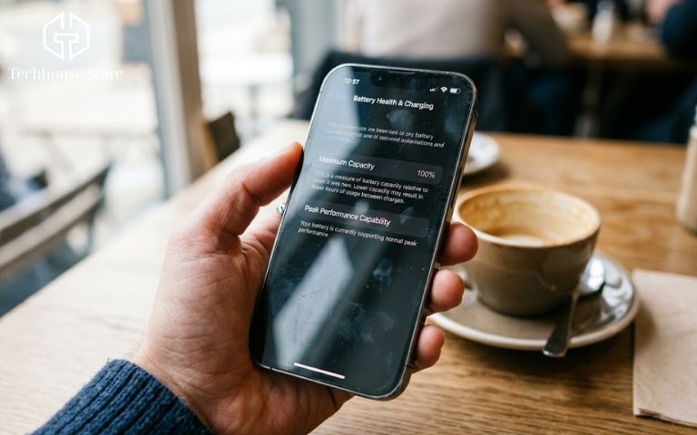 iPhone Thay Pin Có Nên Mua Không? Đừng Thấy Pin 100% Là Chốt Ảnh đại diện bài viết cận cảnh tay người dùng đang cầm chiếc iPhone cũ kiểm tra màn hình tình trạng pin 100 phần trăm.