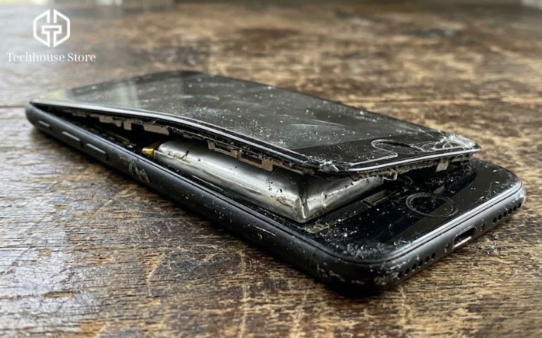 iPhone thay pin báo linh kiện không xác định: có nên mua không, có đáng lo không? Cận cảnh một chiếc điện thoại cũ nằm trên mặt bàn có viên pin bị phồng to làm cong vểnh và đẩy màn hình tách rời khỏi khung viền.