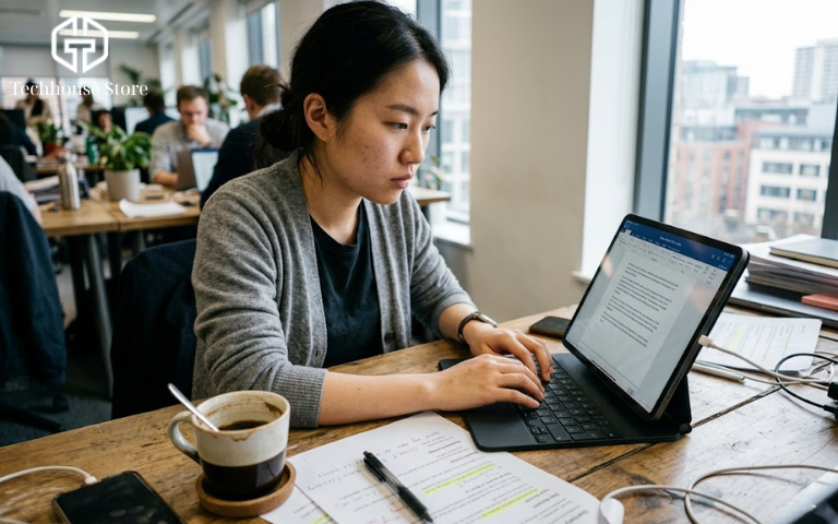 Một nhân viên văn phòng đang dùng iPad kết hợp bàn phím Magic Keyboard để soạn thảo văn bản trong không gian làm việc thực tế.