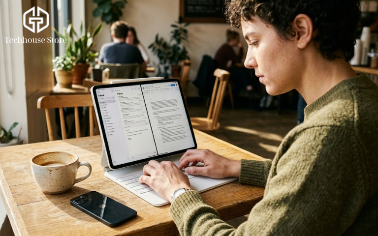 Chàng trai văn phòng đang tập trung làm việc trên chiếc iPad gắn bàn phím tại một không gian cà phê làm việc hiện đại.