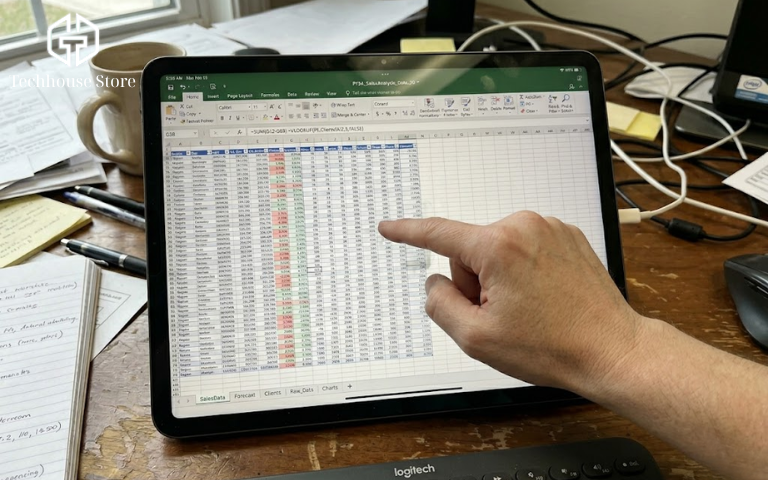 Giao diện file Excel chứa nhiều dữ liệu và bảng tính phức tạp hiển thị trên màn hình cảm ứng của iPad, cho thấy sự hạn chế về không gian.