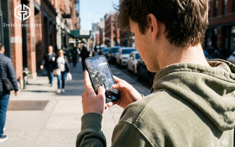 iPhone thay pin báo linh kiện không xác định: có nên mua không, có đáng lo không? Góc chụp qua vai một người đang cầm điện thoại xem video ngoài trời nắng gắt với độ sáng màn hình ở mức tối đa để kiểm tra pin.