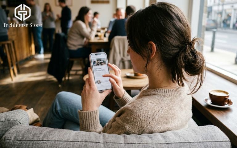 Nữ nhân viên văn phòng đang thoải mái cầm chiếc iPhone 15 Plus màu hồng phấn bằng một tay để lướt web trong giờ nghỉ trưa tại quán cà phê.