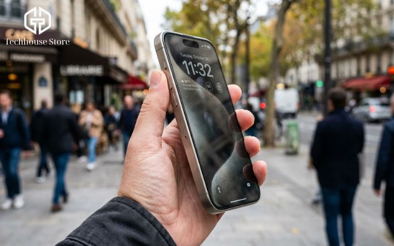 Cận cảnh một tay cầm chiếc iPhone 15 Pro màu Titan tự nhiên, khoe rõ phần khung viền nhám và kích thước nhỏ gọn dễ cầm nắm.