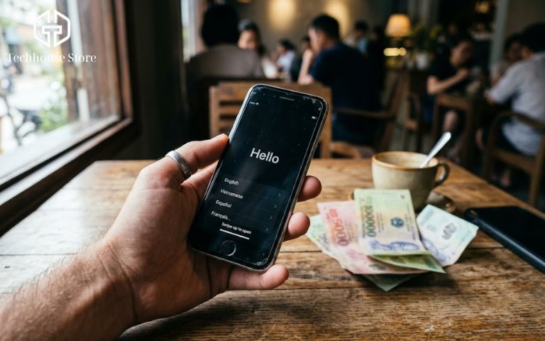 Người mua đang cầm trên tay chiếc iPhone cũ sáng màn hình, phân vân trước quyết định trả tiền để tránh mua phải máy dính iCloud.