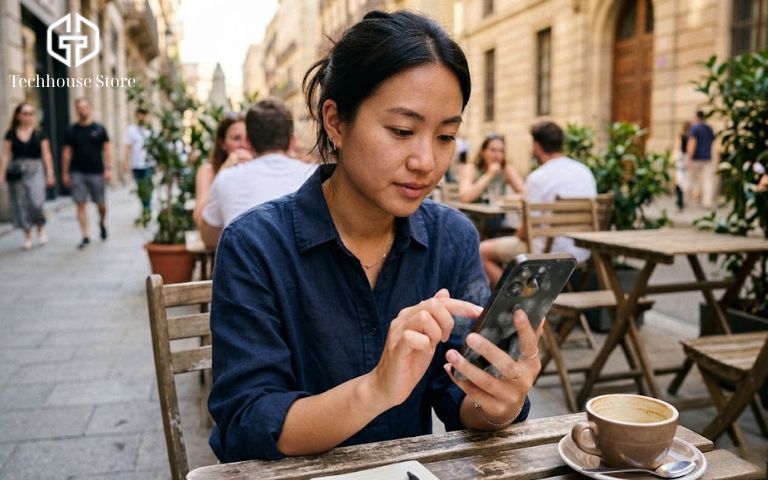 iPhone nào pin trâu nhất? So sánh pin các dòng iPhone để chọn máy đáng mua Một người dùng đang thoải mái sử dụng iPhone ngoài trời nắng, minh họa cho việc chọn mua iPhone có pin trâu đáp ứng nhu cầu thực tế.