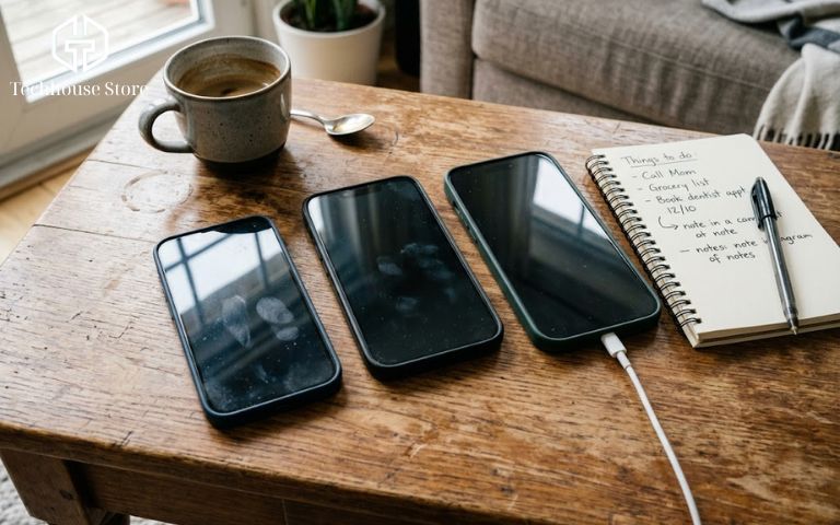 iPhone nào pin trâu nhất? So sánh pin các dòng iPhone để chọn máy đáng mua Ba chiếc điện thoại iPhone với các kích thước khác nhau được đặt cạnh nhau trên bàn làm việc, đại diện cho việc so sánh thời lượng pin các dòng máy.