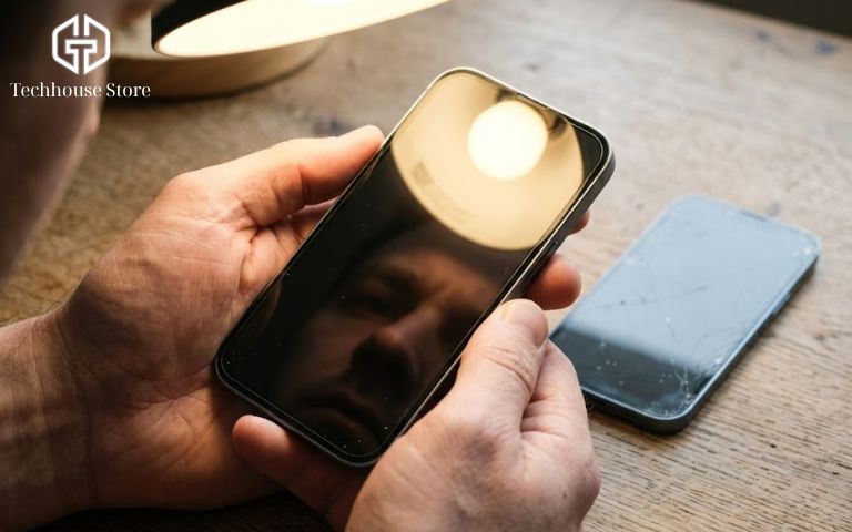 Cận cảnh hai tay đang cầm một chiếc iPhone nghiêng dưới ánh đèn để soi kỹ bề mặt màn hình, phía dưới bàn mờ mờ là một chiếc màn hình iPhone rời.