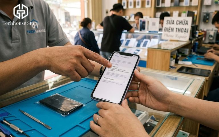 iPhone thay pin báo linh kiện không xác định: có nên mua không, có đáng lo không? Bức ảnh đại diện cho bài viết: Một chiếc iPhone cũ với màn hình hiển thị cảnh báo 'Unknown Part' trong mục Tình trạng pin trên quầy thanh toán cửa hàng Tech House, bên cạnh một viên pin linh kiện mới.