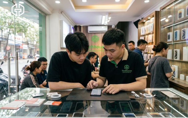 iPhone thay pin báo linh kiện không xác định: có nên mua không, có đáng lo không? Khách hàng và nhân viên tư vấn tại cửa hàng điện thoại đang cùng nhau xem xét và kiểm tra thực tế một chiếc iPhone cũ trên bàn kính.