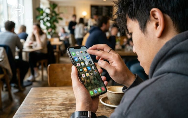 iPhone thay màn có nên mua không? 5 dấu hiệu nhận biết máy còn đáng tiền Nam thanh niên đang cầm và soi kỹ phần viền màn hình của một chiếc iPhone cũ dưới ánh sáng tự nhiên để quyết định có nên mua hay không.