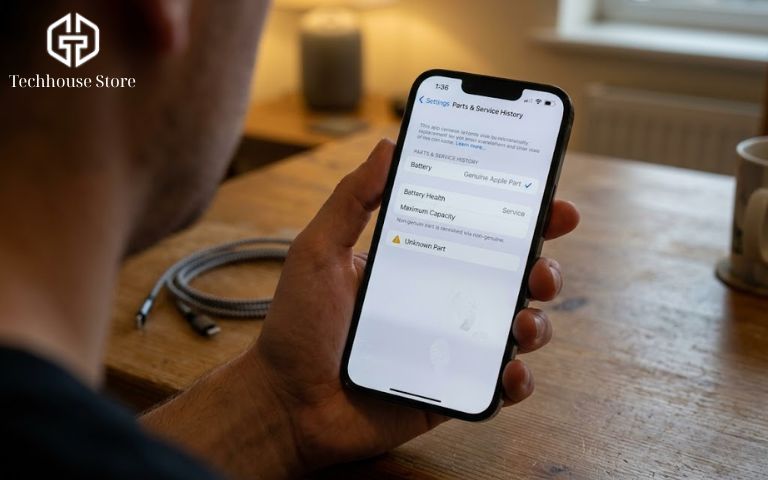 Mua iPhone cũ ở đâu uy tín Hà Nội? Gợi ý 5 địa chỉ & Kinh nghiệm mua an tâm Chụp thực tế màn hình một chiếc iPhone đang mở ứng dụng Cài đặt, hiển thị rõ phần Lịch sử linh kiện và dịch vụ của pin và màn hình.