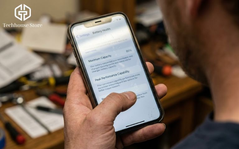 Màn hình điện thoại iPhone đang hiển thị mục cài đặt Lịch sử linh kiện và dịch vụ để kiểm tra tình trạng máy cũ.
