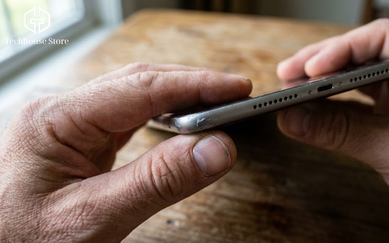 Mua iPad cũ ở đâu uy tín Hà Nội? Cách chọn đúng nơi bán để đỡ mua hớ Cận cảnh hai bàn tay đang cầm nghiêng chiếc iPad cũ để soi kỹ khu vực khung viền kim loại, phát hiện một vết xước dăm nhỏ đặc trưng của hàng 98%.
