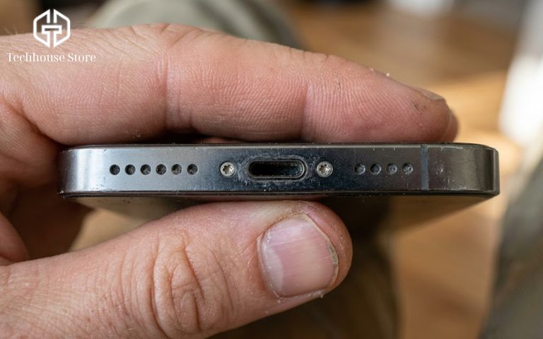 iPhone Thay Pin Có Nên Mua Không? Đừng Thấy Pin 100% Là Chốt Người dùng đang soi kỹ khu vực cổng sạc và hai con ốc ở cạnh đáy của chiếc iPhone cũ để xem máy đã bị cạy mở thô bạo hay chưa.